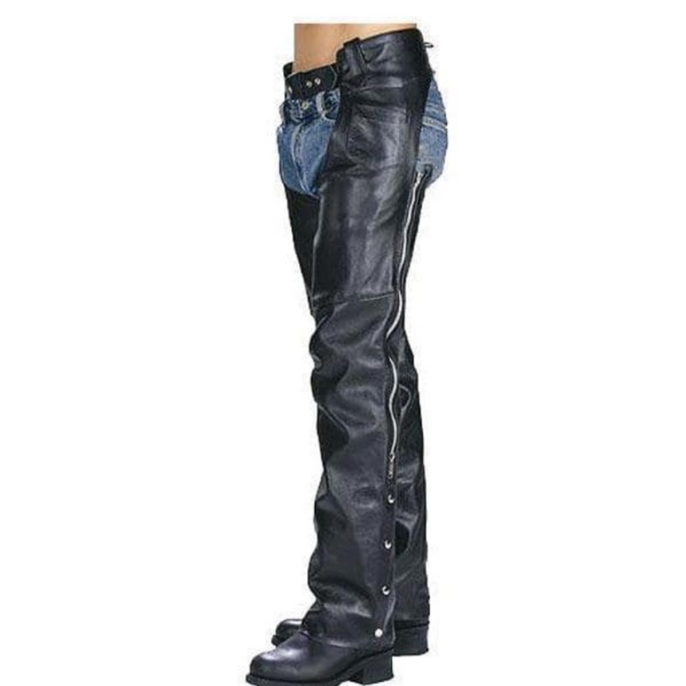 Motorcycle Chaps Leather Ready to ride Zippers Snaps Perfect Condition Sz 46